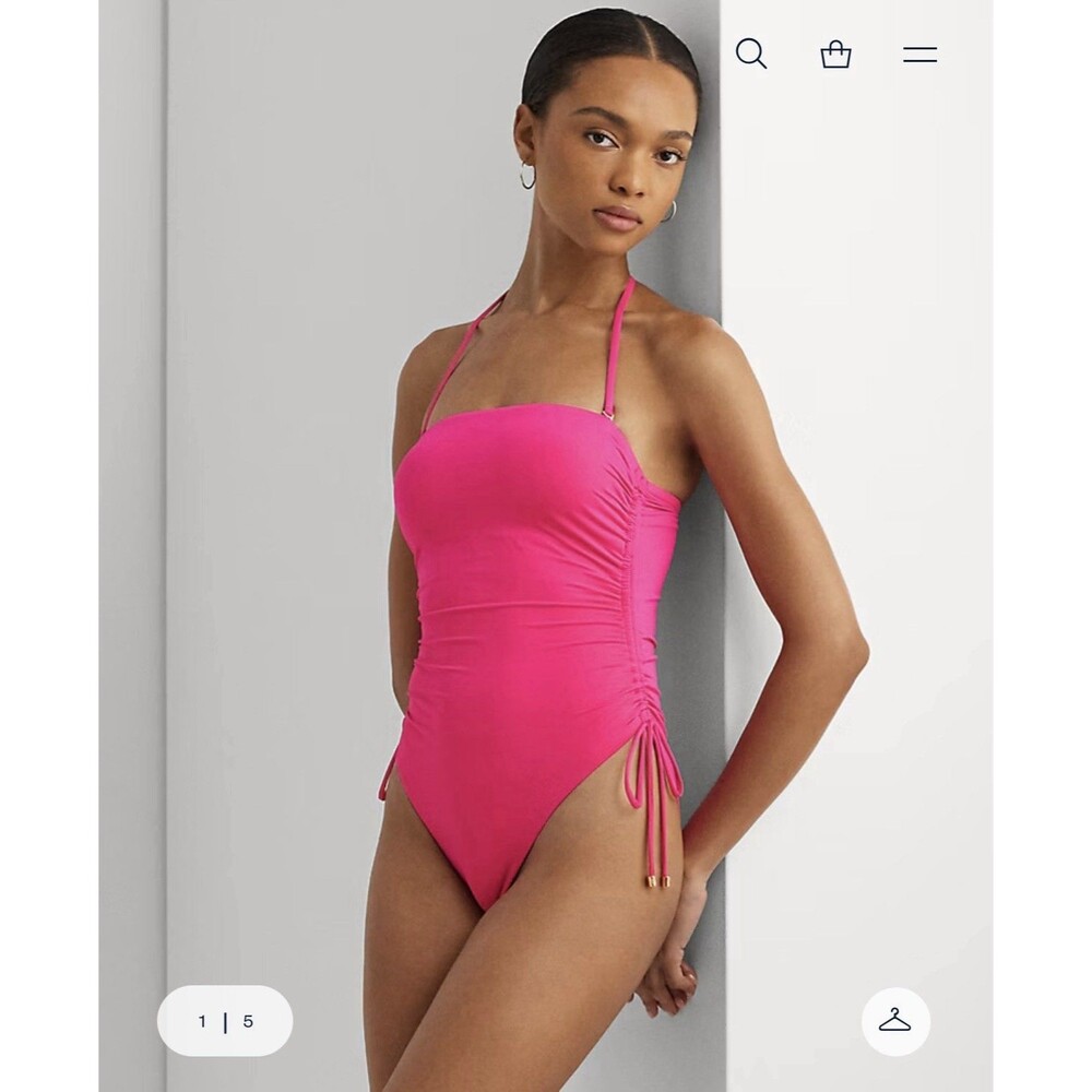 Ralph Lauren Ruched One Piece Swimsuit Strapless Convertible Sz 12 Passionfruit